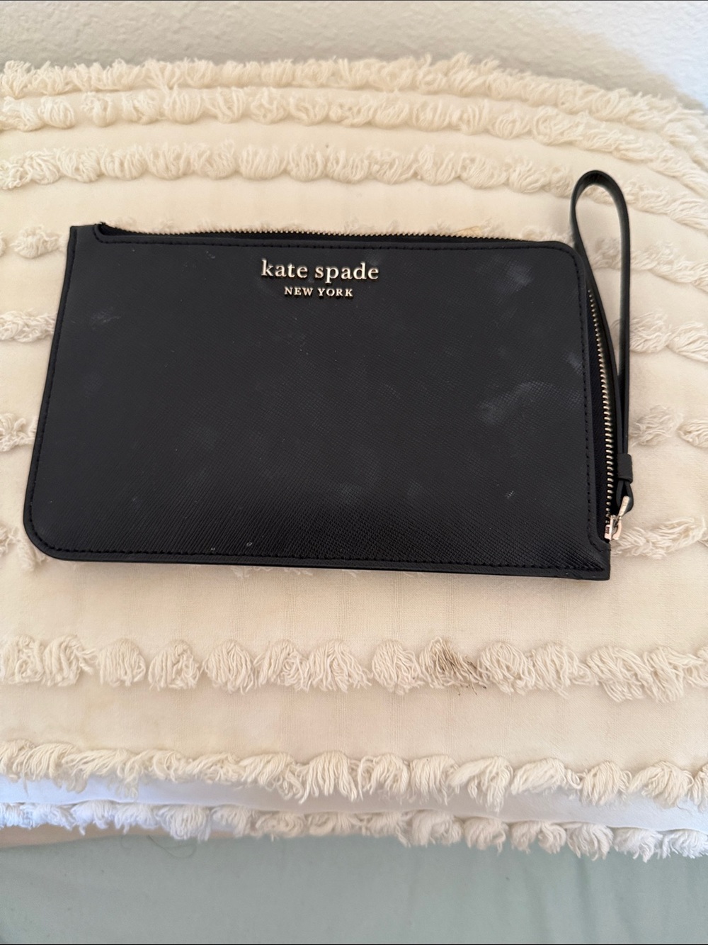 kate spade New York Black Saffiano Wristlet Clutch with Gold Logo